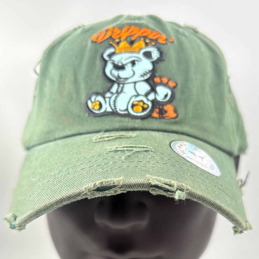Muka Drippin Bear Crown Distressed Baseball Hat Green Adjustable Strapback Cap